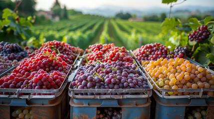 Wall Mural - A variety of grapes are displayed in old crates on a table