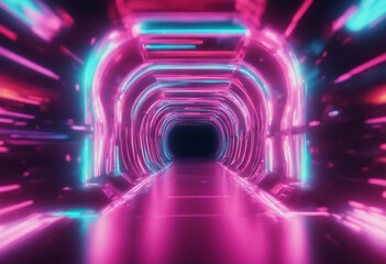 Abstract flight in retro neon hyper warp space in the tunnel 3d illustration