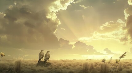 Poster - Two Hawks Perched on a Rock in a Golden Field at Sunset.