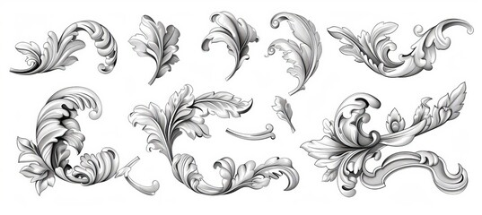 a baroque ornament set with floral border elements, engraved leaves, and a filigree arabesque frame.