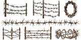 An illustration depicting twisted barbed wire silhouettes set in round and square shapes. A black barb fence frame represents protection, danger, or security.