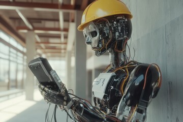 Poster - Robot Construction Worker assembling mechanical components, expertly wiring electrical circuits, within a modern smart building environment, showcasing advanced technology and innovation.