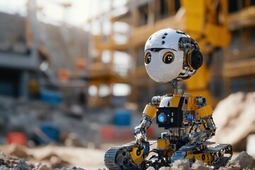 Poster - Robot Construction Worker, advanced machinery conducting thorough inspections at a bustling construction site, ensuring quality control in a dynamic urban environment