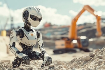 Poster - Robot Construction Worker inspecting a construction site for quality control, showcasing advanced technology and efficiency in a spacious industrial environment