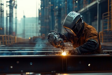 Poster - Robot Construction Worker, a mechanical robot skillfully welding steel beams in a spacious industrial setting, showcasing advanced engineering and safety protocols in action