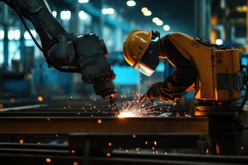 Poster - Robot Construction Worker, a mechanical robot skillfully welding steel beams in an expansive industrial site, emphasizing safety protocols and advanced technology in action.