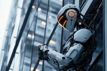 Poster - Robot Construction Worker, installing electrical wiring in a high-rise building interior, emphasizing precision and safety in a spacious environment, showcasing advanced technology in action