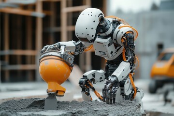 Poster - Robot Construction Worker, advanced robotic technology, operating a cement mixer, efficiently pouring foundation, showcasing modern construction innovation, open construction site environment