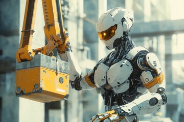 Poster - Robot Construction Worker operating a crane, lifting heavy materials, showcasing modern construction technology in an open, dynamic worksite environment.