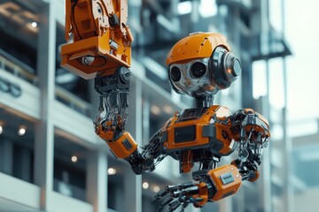 Poster - Robotic Crane Operator, A futuristic robot efficiently lifting heavy materials on a construction site, showcasing advanced technology and innovation in modern construction.