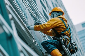 Poster - Robot Construction Worker engaged in painting a high-rise building exterior, utilizing scaffolding for efficient maintenance in an open urban environment.