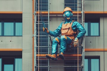 Poster - Robot Construction Worker, a robotic figure diligently painting a high-rise building exterior, surrounded by scaffolding, showcasing efficient maintenance in a spacious urban environment