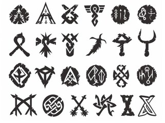 Viking symbols on white background. Set of scandinavian norse sign vegvisir, celtic tree of life, hammer of Thor, etc. Magic warrior norse symbol. Modern illustration.