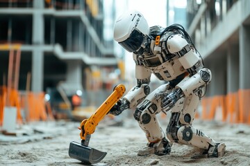 Poster - Futuristic Robot Laborer, A cutting-edge robot skillfully using a jackhammer at an urban construction site, exemplifying advanced technology in modern construction environments.