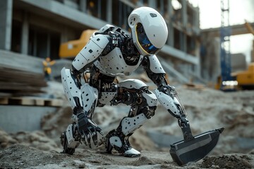 Poster - Futuristic Robot Laborer, Advanced robot powering a jackhammer, bustling urban construction site, showcasing innovative technology in modern industry, dynamic environment, efficient work dynamics