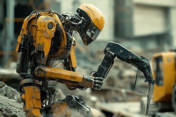 Poster - Futuristic Robot Laborer, An advanced robot skillfully using a jackhammer, busy urban construction site, showcasing innovative technology in modern construction practices