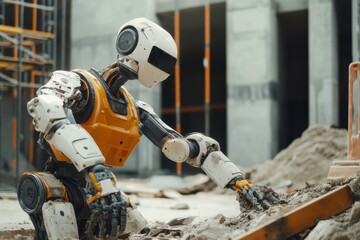 Poster - Robot Construction Worker, automated machine efficiently clearing construction debris, enhancing site cleanliness, creating free space for ongoing building activities