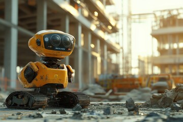 Poster - Robot Construction Worker, automated machine clearing debris on construction site, enhancing cleanliness, creating free space for ongoing building activities.
