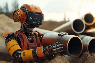 Poster - Autonomous Robot Laborer, Self-operating machine managing heavy piping, enhancing infrastructure projects, working in open environments, showcasing innovative technology in construction