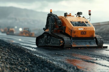 Poster - Autonomous Road Paving Robot, Innovative machine operating on asphalt, enhancing infrastructure development, showcasing advanced robotics in construction and urban planning