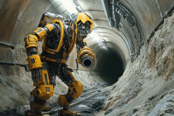 Poster - Exoskeleton Robot at Underground Construction Site, A powerful robot utilizing advanced engineering to lift heavy pipes in a spacious underground environment.