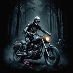 Wall Mural - A skeleton wearing a motorcycle helmet and riding a motorcycle through a dark forest with colorful flowers in the foreground