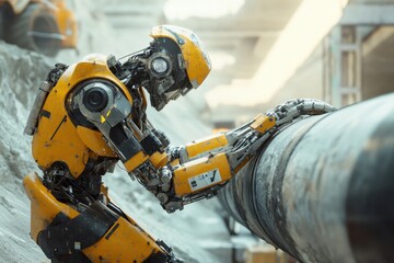 Poster - Exoskeleton Robot at Work, A powerful robot equipped with an exoskeleton skillfully lifting heavy pipes in a spacious underground construction site showcasing advanced engineering techniques.