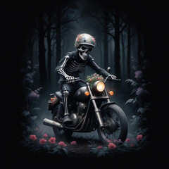 Wall Mural - A skeleton wearing a motorcycle helmet and riding a motorcycle through a dark forest with colorful flowers in the foreground