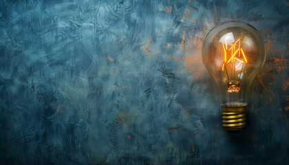 Wall Mural - A glowing lightbulb against a textured blue and orange wall, illuminating the rough surface with a warm light.