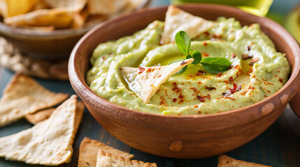 Wall Mural - Bowl of creamy avocado dip with pita chips