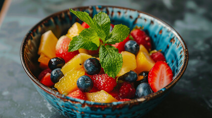 Wall Mural - Bowl of fresh fruit salad with mint leaves