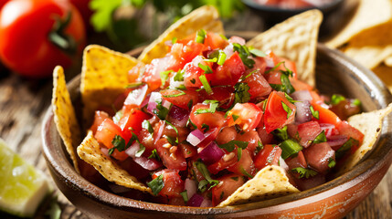 Wall Mural - Bowl of fresh salsa with crispy tortilla chips