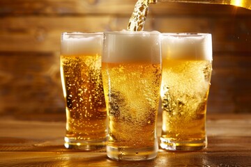 Golden Beer Poured into Glasses with Frothy Heads on Wooden Background