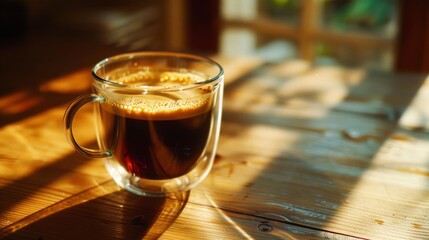 a transparent glass mug with espresso coffee, minimalistic, still life