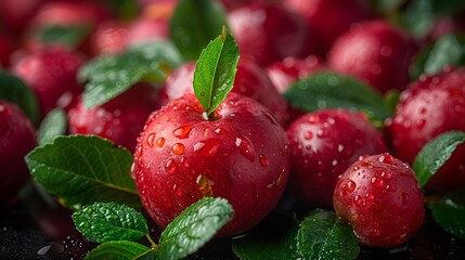 Poster - a group of red apples with green leaves.

