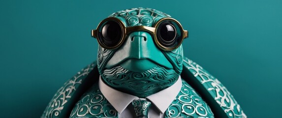 Wall Mural - Stylish turtle in suit and glasses on teal backdrop.