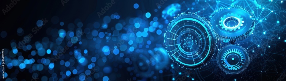 A blue background with a bunch of gears on it. The gears are all ...