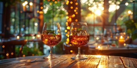 two glasses of alcohol on a table.

