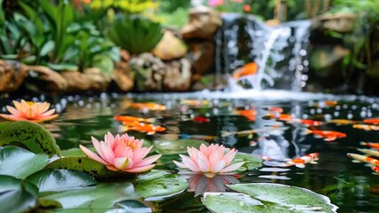 Sticker - serene and peaceful garden pond with lilies, symbolizing tranquility and happiness