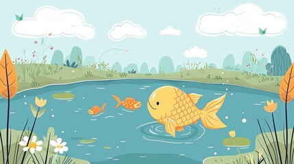 Wall Mural - Cute Fish Illustration in a Pond.