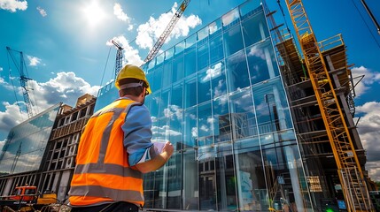 Construction worker inspecting modern building site, architectural design, urban development, civil engineering project