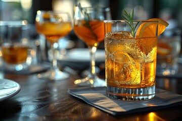 Poster - a glass of orange juice on a table.

