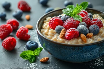 Poster - Delicious Breakfast Bowl of Oatmeal Topped With Fresh Berries and Almonds