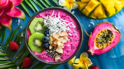 Wall Mural - An exotic dragon fruit smoothie bowl topped with coconut flakes and chia seeds, surrounded by tropical fruits