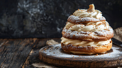 Delicious homemade layered cake with white chocolate cream and nuts is waiting on a wooden plate