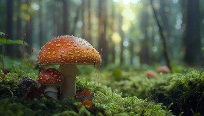 Two vibrant red and white mushrooms stand out in a lush, green forest covered with moss, evoking a sense of mystery and natural beauty.