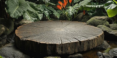 Poster - A weathered tree stump rests on mossy rocks by a stream.