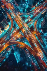 Wall Mural - A cityscape with a busy highway and a large bridge. The lights of the city are reflected in the highway, creating a sense of movement and energy