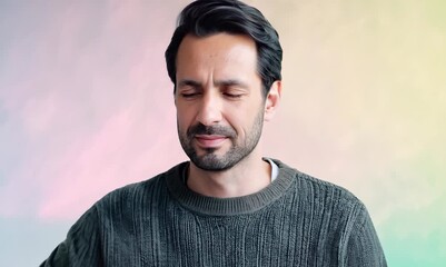 Wall Mural - Medium shot portrait video of a man in his 40s showing tiredness and a worn-down expression due to chronic fatigue syndrome wearing a chic cardigan against a pastel or soft colors background 