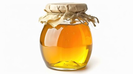 Jar of Golden Honey with Rustic Cloth and Twine Lid on White Background